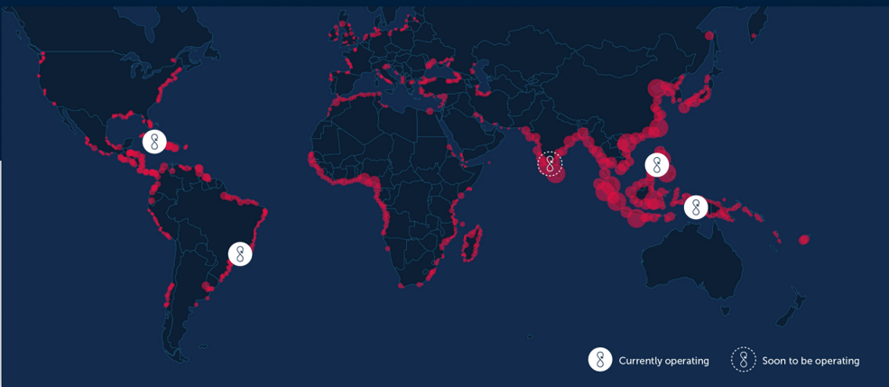 map showing world locations where ocean bottle operates